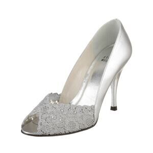 Stuart Weitzman | Women’s Silver Chantelle Chantilly Lace Leather Peep Toe Heels